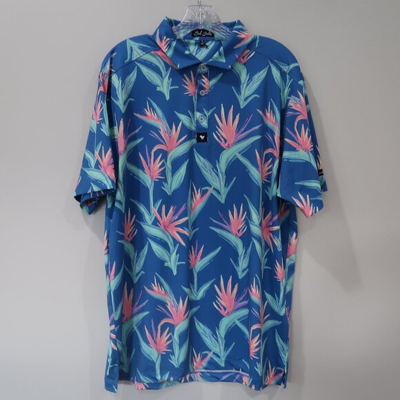 Bad Birdie Golf Polo Shirt XL Blue Bird of Paradise Floral Tropical Stretch - Picture 1 of 8